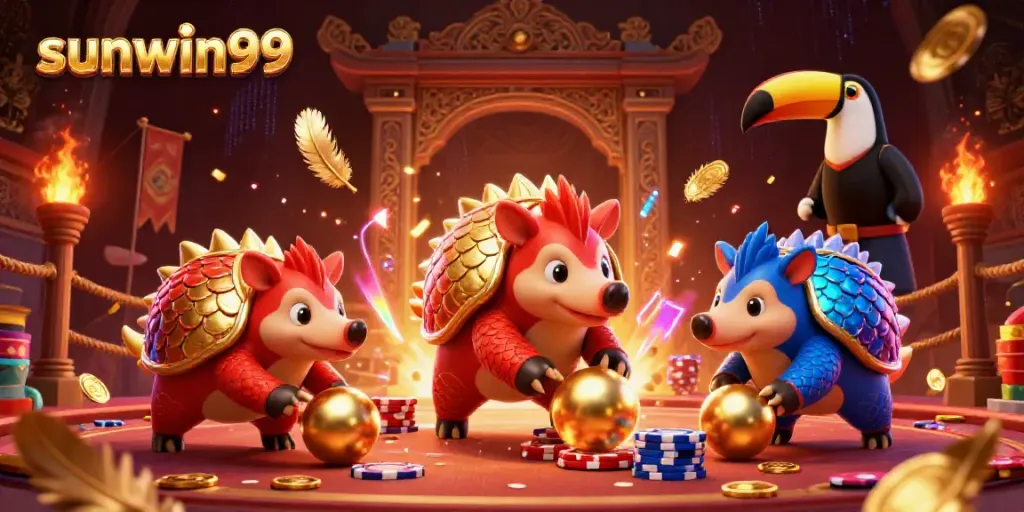 Rival pangolins in colorful armor competing in a casino-style game scene for sunwin99.