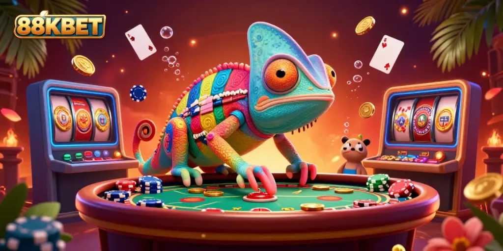 Experience 88KBET's exciting casino atmosphere with a dynamic illustration of a chameleon owner and vibrant gaming elements.