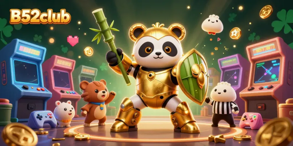 Engage in thrilling games at B52club with a dynamic 3D panda character and vibrant casino elements.