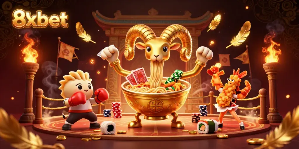 Engage in dynamic action with 8xbet's animated characters in a vibrant casino scene.